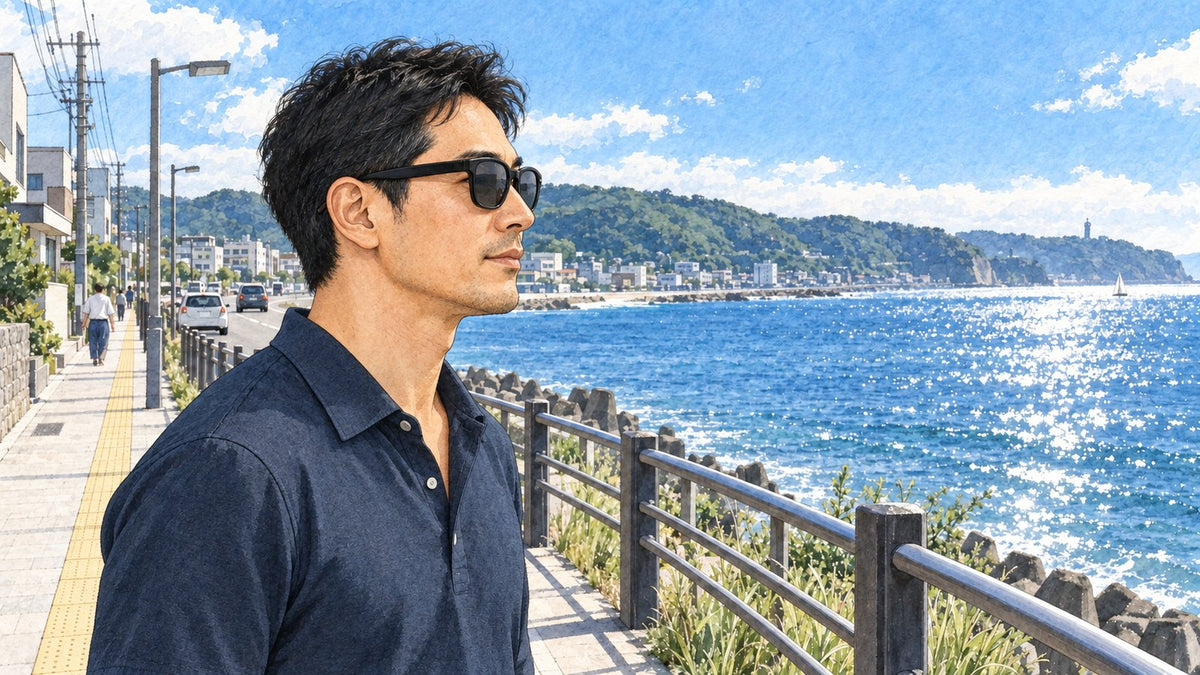 海沿いの遊歩道で、サングラスをかけて海を眺める男性
