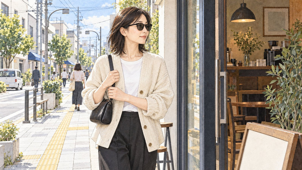 カフェの前の歩道を、サングラスをかけて歩く女性