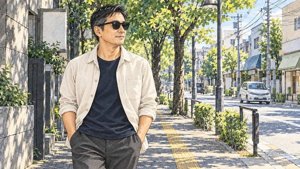 街路樹の並ぶ歩道で、サングラスをかけて歩く男性