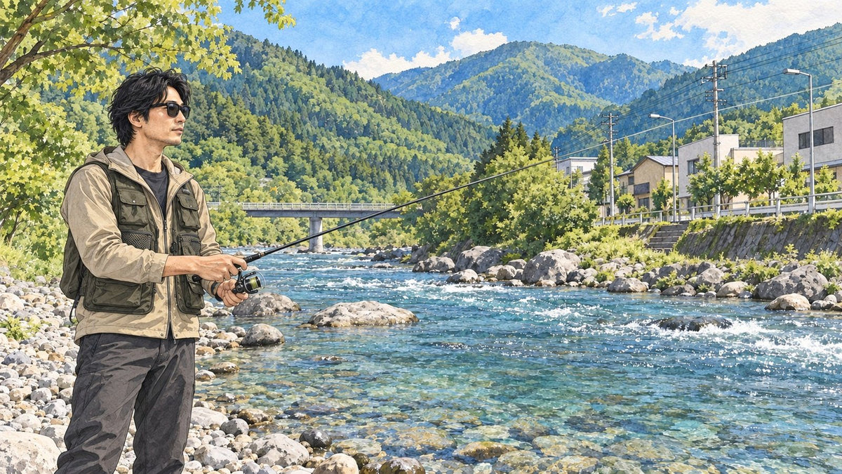 山あいの渓流で釣りをする、サングラスをかけた男性