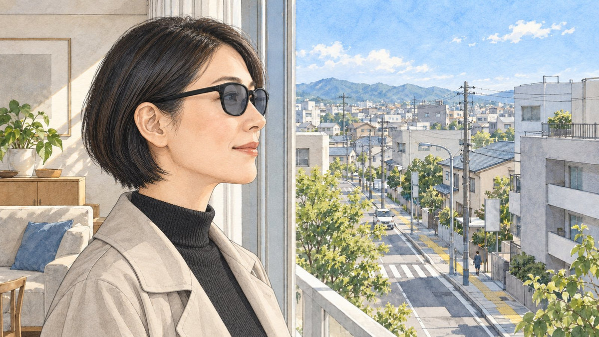 窓辺でサングラスをかけて、街並みを眺める女性
