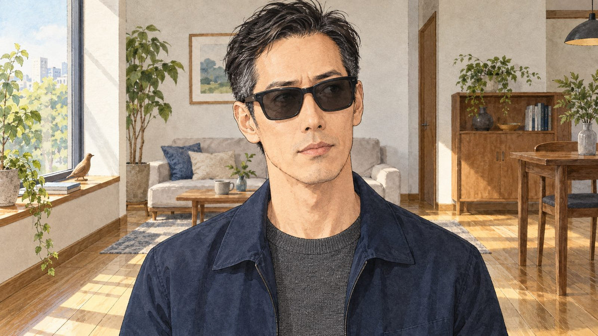 明るいリビングでサングラスをかけてこちらを向く、面長の男性
