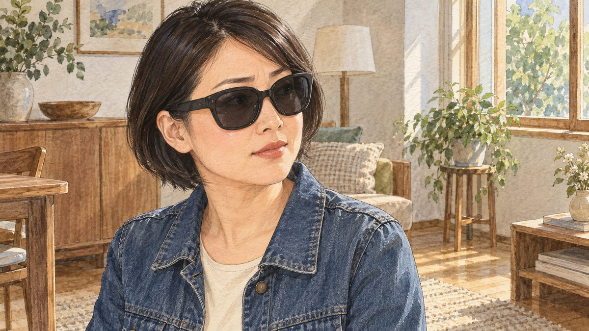 明るい室内でサングラスをかけてこちらを向く、ショートヘアの女性
