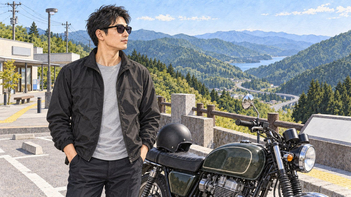 展望の良い道の駅でバイクの横に立ち、遠くの山を見るサングラス姿の男性