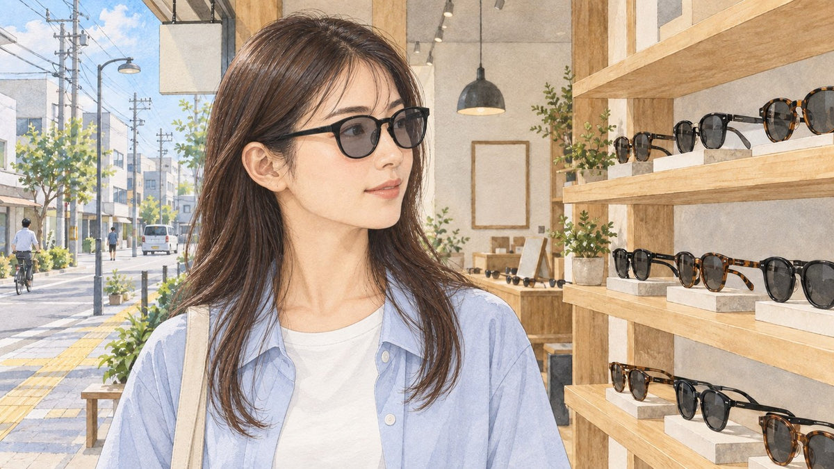 サングラスが並ぶ店内で、サングラスをかけてほほえむ女性