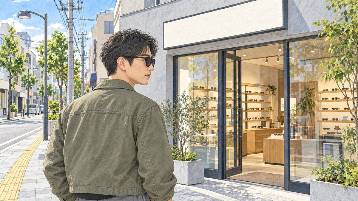 サングラス店の前で、店内を見る男性の後ろ姿