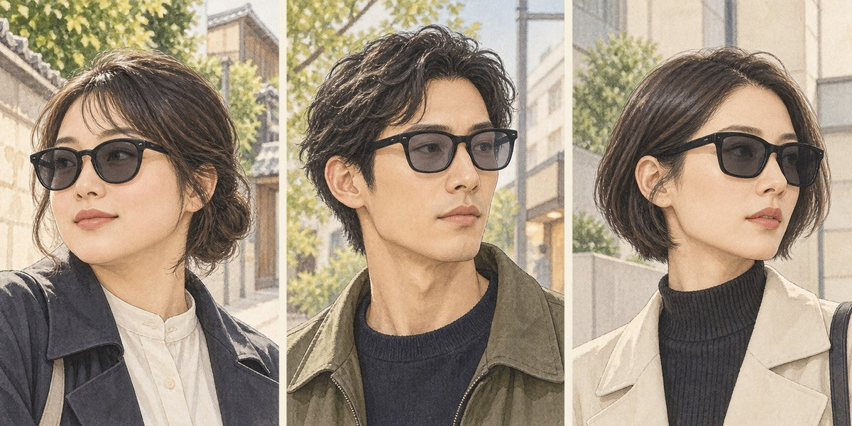 丸顔・面長・角ばった顔の3人が、それぞれサングラスをかけた水彩イラスト